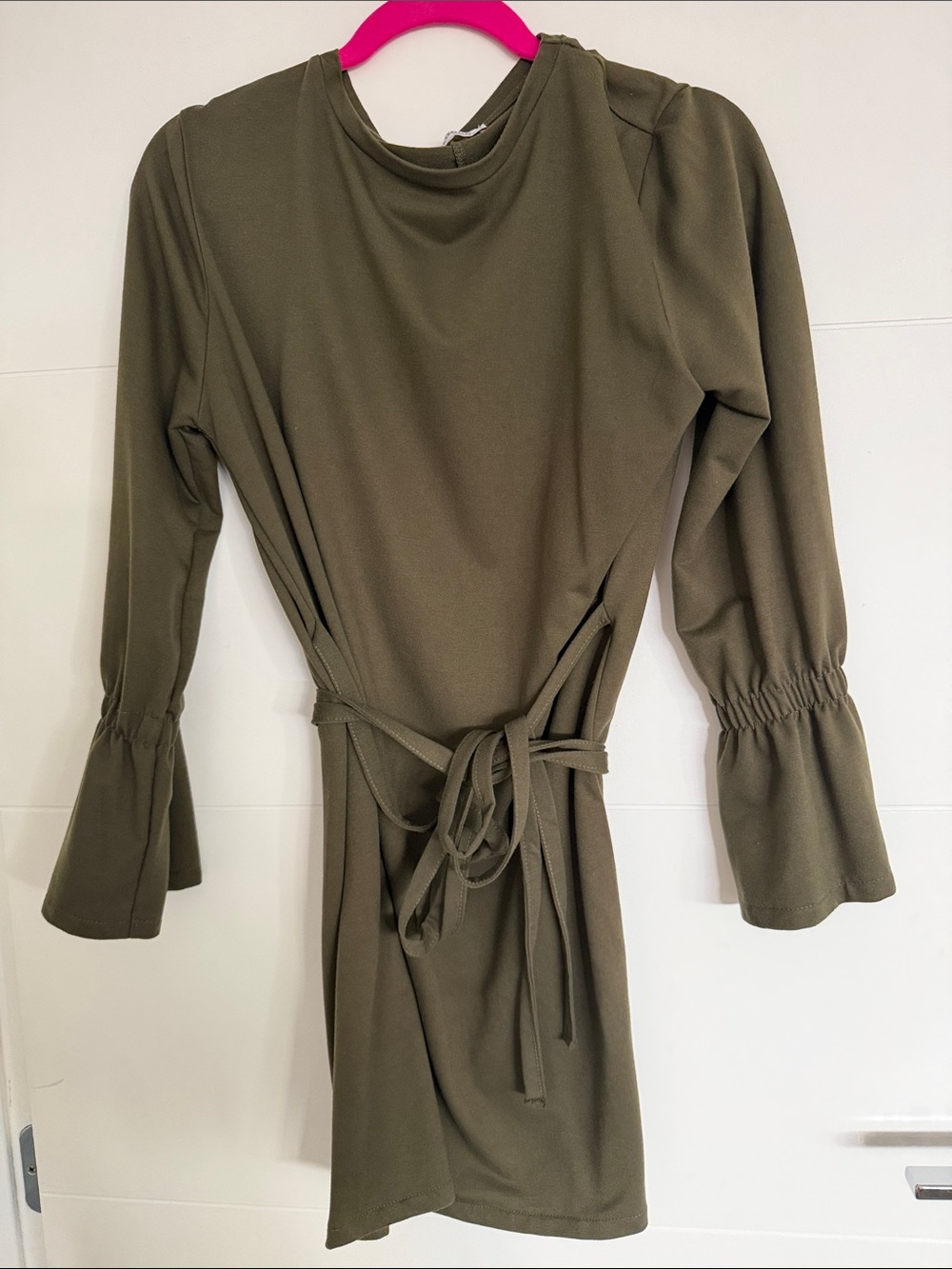 Zara Olive Green Long Sleeve Tie-Waist Dress